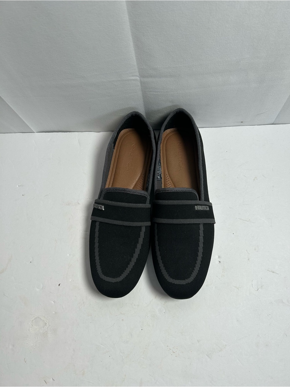 Nautica Women’s Black Knit Slip-On Loafers with Gray Trim